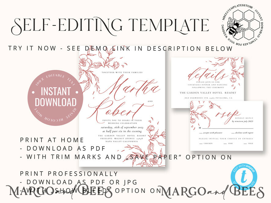 TEMPLETT wedding invitation download Maroon Fall wedding invitation template, Instant download Boho Wedding Invites Autumn Burgundy Invitation Printable Template Simple Fine Art