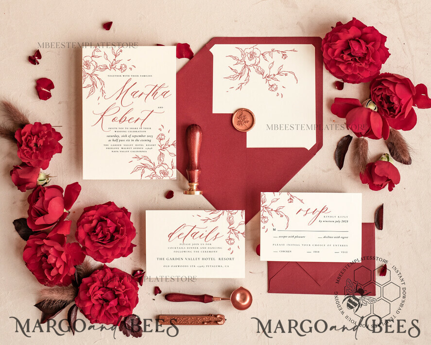 TEMPLETT wedding invitation download Maroon Fall wedding invitation template, Instant download Boho Wedding Invites Autumn Burgundy Invitation Printable Template Simple Fine Art