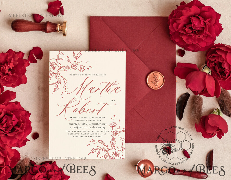 TEMPLETT wedding invitation download Maroon Fall wedding invitation template, Instant download Boho Wedding Invites Autumn Burgundy Invitation Printable Template Simple Fine Art