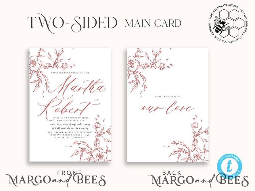TEMPLETT wedding invitation download Maroon Fall wedding invitation template, Instant download Boho Wedding Invites Autumn Burgundy Invitation Printable Template Simple Fine Art