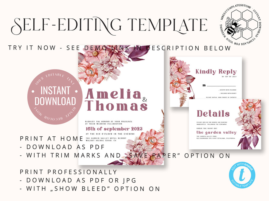 TEMPLETT wedding invitation download Mauve fall boho wedding Invitations Set and Electronic Wedding Invitation Template, Instant Download Printable Invites Home Printing, Simple Boho Wedding Invitation
