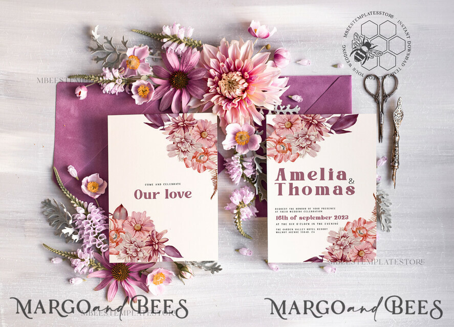 TEMPLETT wedding invitation download Mauve fall boho wedding Invitations Set and Electronic Wedding Invitation Template, Instant Download Printable Invites Home Printing, Simple Boho Wedding Invitation