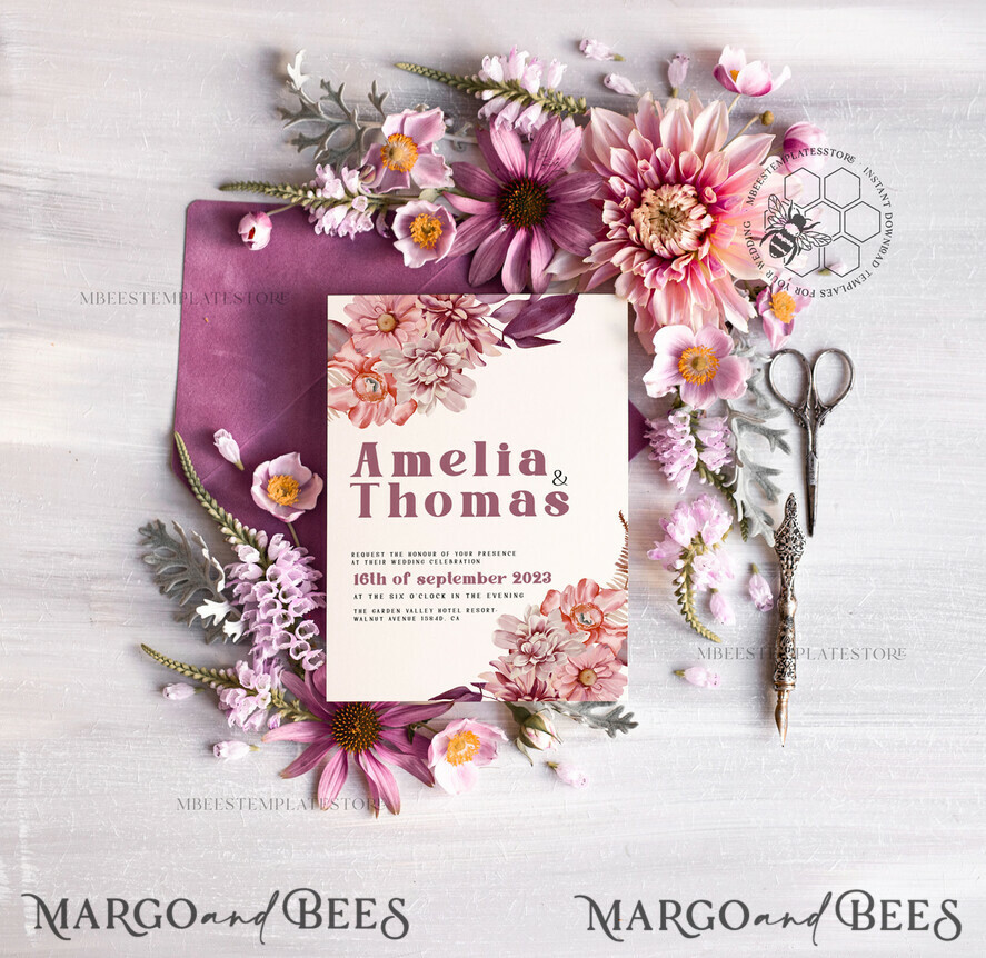 TEMPLETT wedding invitation download Mauve fall boho wedding Invitations Set and Electronic Wedding Invitation Template, Instant Download Printable Invites Home Printing, Simple Boho Wedding Invitation