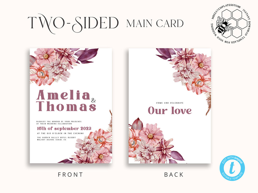 TEMPLETT wedding invitation download Mauve fall boho wedding Invitations Set and Electronic Wedding Invitation Template, Instant Download Printable Invites Home Printing, Simple Boho Wedding Invitation