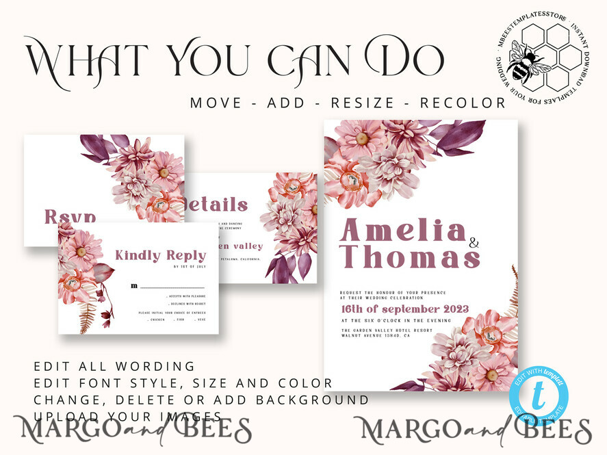 Mauve fall boho wedding Invitations Set and Electronic Wedding