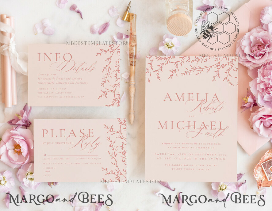 TEMPLETT wedding invitation download Elegant Blush wedding Invitation Template, Instant Download Printable Invites Home Printing, Pink Boho branch Wedding Invitation Card Set 
