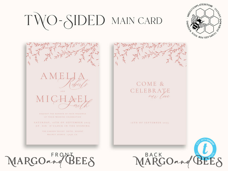 TEMPLETT wedding invitation download Elegant Blush wedding Invitation Template, Instant Download Printable Invites Home Printing, Pink Boho branch Wedding Invitation Card Set 