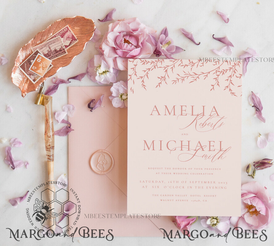 TEMPLETT wedding invitation download Elegant Blush wedding Invitation Template, Instant Download Printable Invites Home Printing, Pink Boho branch Wedding Invitation Card Set 