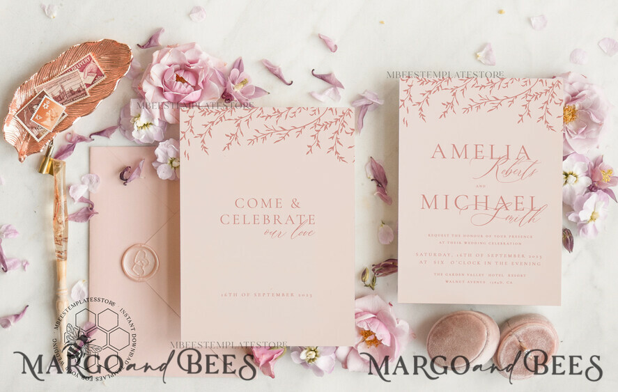 TEMPLETT wedding invitation download Elegant Blush wedding Invitation Template, Instant Download Printable Invites Home Printing, Pink Boho branch Wedding Invitation Card Set 