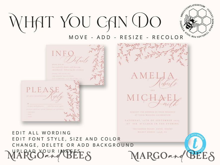 TEMPLETT wedding invitation download Elegant Blush wedding Invitation Template, Instant Download Printable Invites Home Printing, Pink Boho branch Wedding Invitation Card Set 