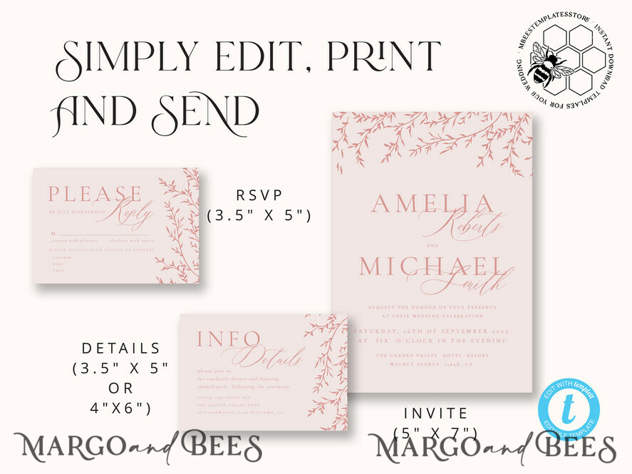 TEMPLETT wedding invitation download Elegant Blush wedding Invitation Template, Instant Download Printable Invites Home Printing, Pink Boho branch Wedding Invitation Card Set 