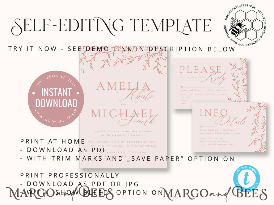 TEMPLETT wedding invitation download Elegant Blush wedding Invitation Template, Instant Download Printable Invites Home Printing, Pink Boho branch Wedding Invitation Card Set 