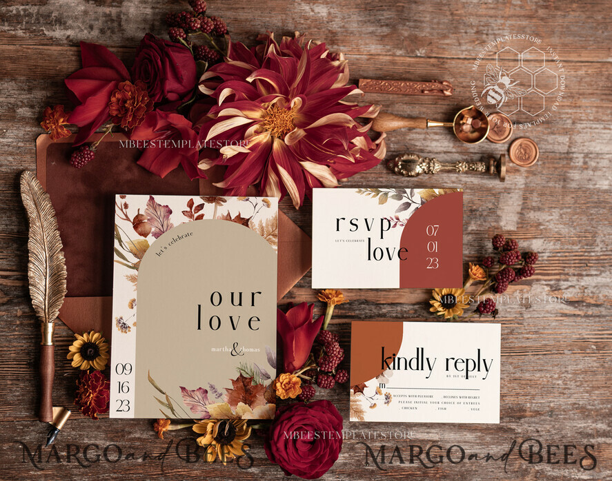 TEMPLETT wedding invitation download Boho Arch wedding Invitations Set Template, Instant Download Printable Invites Home Printing, Simple Wedding Invitation Card Set