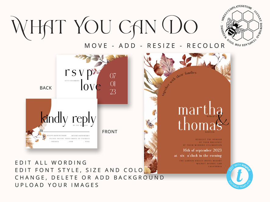 TEMPLETT wedding invitation download Boho Arch wedding Invitations Set Template, Instant Download Printable Invites Home Printing, Simple Wedding Invitation Card Set