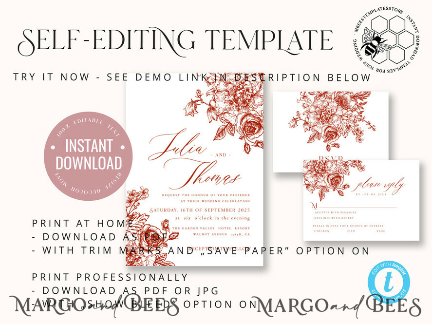 TEMPLETT wedding invitation download Boho Modern wedding Invitations Evite Set Template, Instant Download Printable Invites Home Printing Fall Heart Wedding Invitation Cards WB7