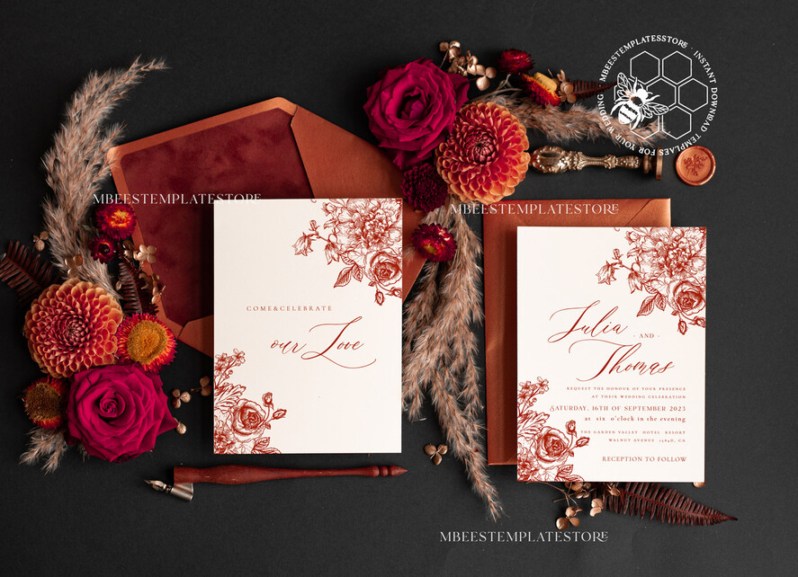 TEMPLETT wedding invitation download Boho Modern wedding Invitations Evite Set Template, Instant Download Printable Invites Home Printing Fall Heart Wedding Invitation Cards WB7