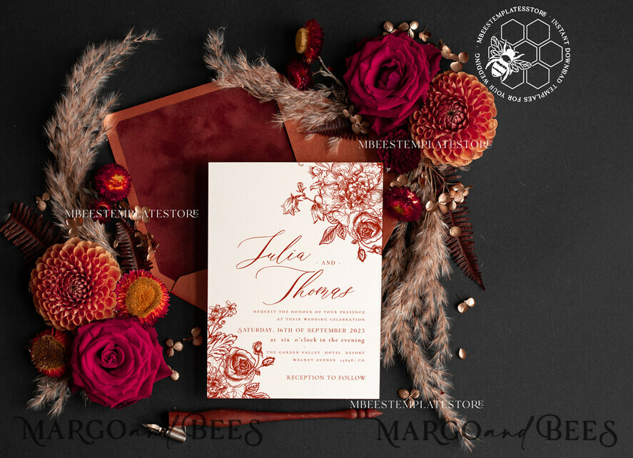 TEMPLETT wedding invitation download Boho Modern wedding Invitations Evite Set Template, Instant Download Printable Invites Home Printing Fall Heart Wedding Invitation Cards WB7