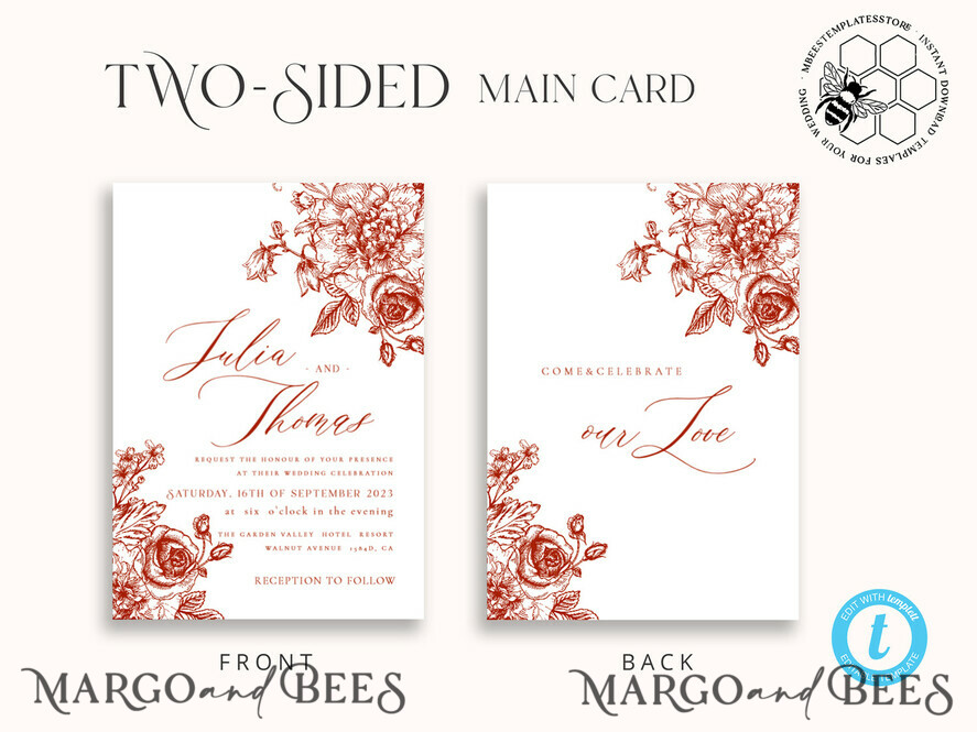 TEMPLETT wedding invitation download Boho Modern wedding Invitations Evite Set Template, Instant Download Printable Invites Home Printing Fall Heart Wedding Invitation Cards WB7
