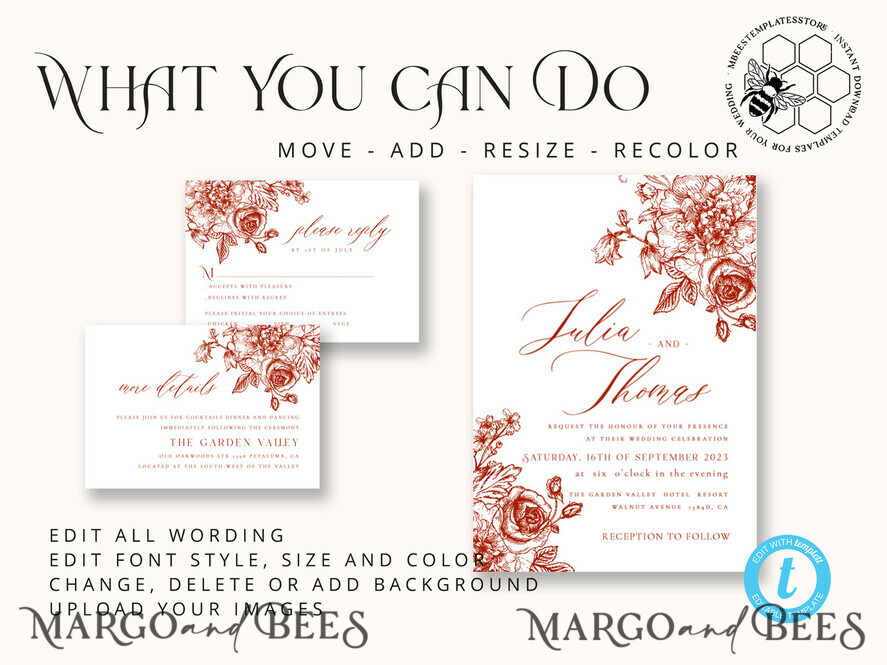 TEMPLETT wedding invitation download Boho Modern wedding Invitations Evite Set Template, Instant Download Printable Invites Home Printing Fall Heart Wedding Invitation Cards WB7
