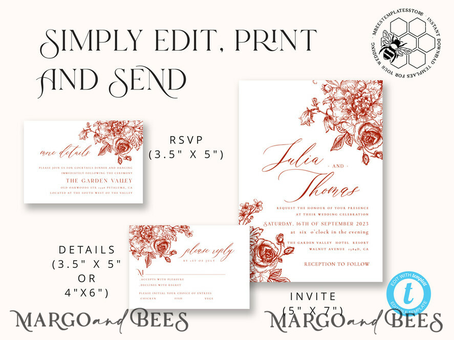 TEMPLETT wedding invitation download Boho Modern wedding Invitations Evite Set Template, Instant Download Printable Invites Home Printing Fall Heart Wedding Invitation Cards WB7