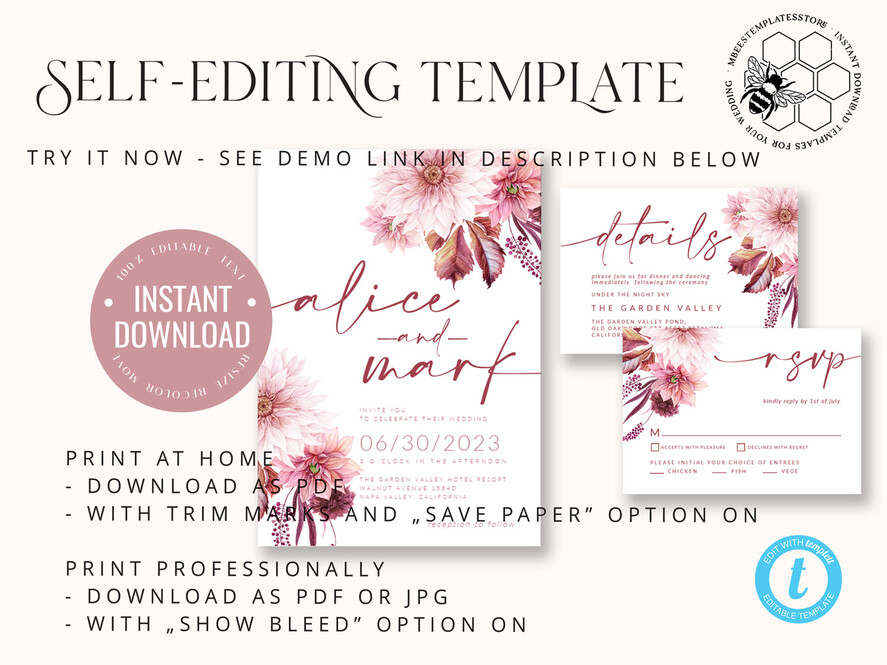 TEMPLETT wedding invitation download Boho fall wedding Invitations Set Template, Instant Download Printable Invites Home Printing, Mauve Blush Pink Autumn Fine Art Invitation Card Set