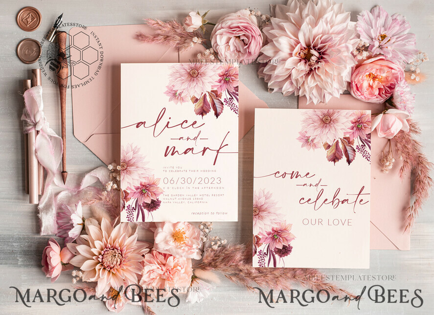 TEMPLETT wedding invitation download Boho fall wedding Invitations Set Template, Instant Download Printable Invites Home Printing, Mauve Blush Pink Autumn Fine Art Invitation Card Set