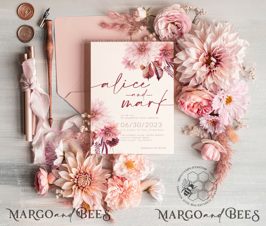 TEMPLETT wedding invitation download Boho fall wedding Invitations Set Template, Instant Download Printable Invites Home Printing, Mauve Blush Pink Autumn Fine Art Invitation Card Set