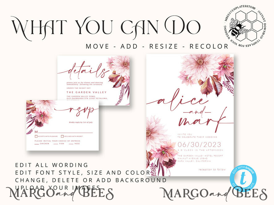 TEMPLETT wedding invitation download Boho fall wedding Invitations Set Template, Instant Download Printable Invites Home Printing, Mauve Blush Pink Autumn Fine Art Invitation Card Set