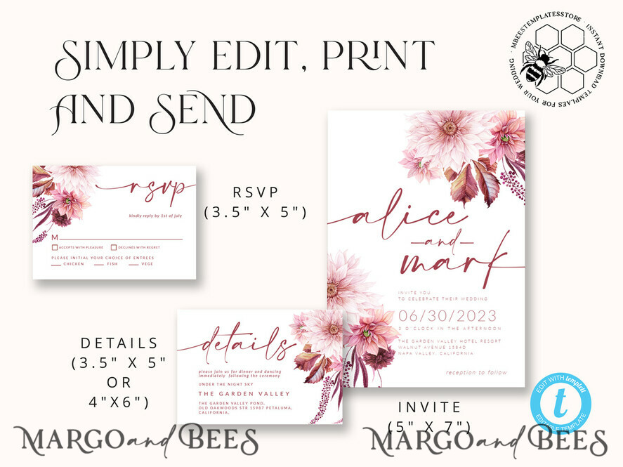 TEMPLETT wedding invitation download Boho fall wedding Invitations Set Template, Instant Download Printable Invites Home Printing, Mauve Blush Pink Autumn Fine Art Invitation Card Set
