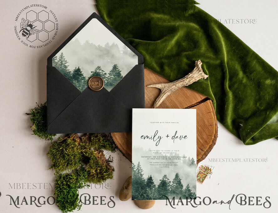 TEMPLETT  
 Hochzeits Einladung Download Hochzeitseinladung Vorlage mit Waldgrün, Sofortiger Download einfacher Hochzeitskarten für Berge, Druckbare Vorlage für Hochzeitseinladungen mit Grünpflanzen, Wald-Einladungen