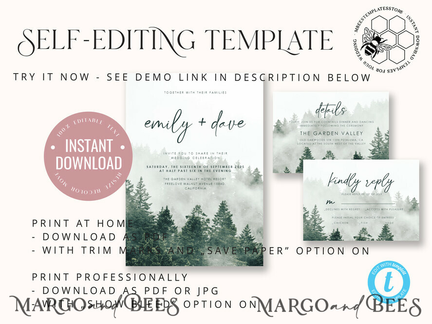 TEMPLETT  
 Hochzeits Einladung Download Hochzeitseinladung Vorlage mit Waldgrün, Sofortiger Download einfacher Hochzeitskarten für Berge, Druckbare Vorlage für Hochzeitseinladungen mit Grünpflanzen, Wald-Einladungen