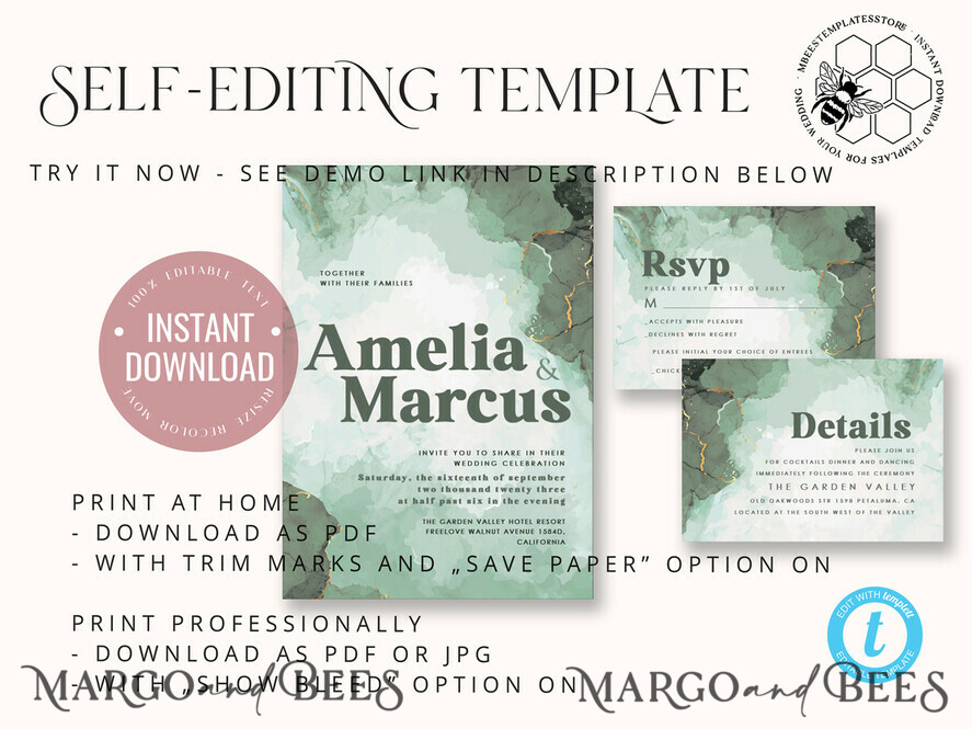 TEMPLETT wedding invitation download Fall Rustic wedding Invitations Set Template, Instant Download Printable Invites Home Printing,  Modern Rustic wedding Invitations Set Template