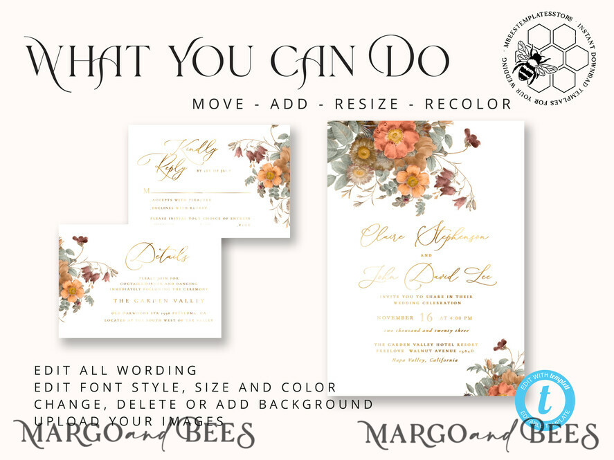 TEMPLETT wedding invitation download Boho fall wedding Invitations Set Template, Instant Download Printable Invites Home Printing, Terracotta Autumn Fine Art Invitation Card Set