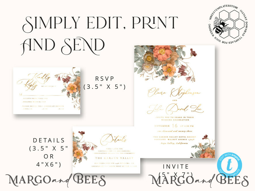 TEMPLETT wedding invitation download Boho fall wedding Invitations Set Template, Instant Download Printable Invites Home Printing, Terracotta Autumn Fine Art Invitation Card Set