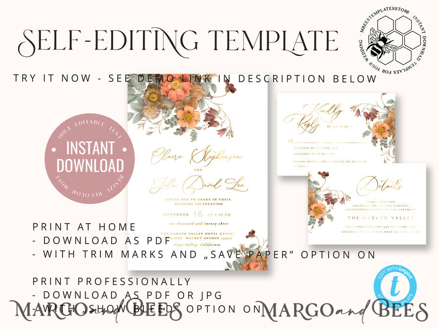 TEMPLETT wedding invitation download Boho fall wedding Invitations Set Template, Instant Download Printable Invites Home Printing, Terracotta Autumn Fine Art Invitation Card Set