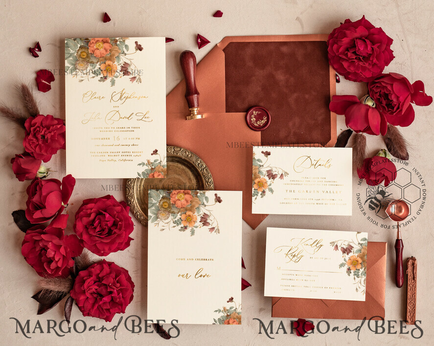 TEMPLETT wedding invitation download Boho fall wedding Invitations Set Template, Instant Download Printable Invites Home Printing, Terracotta Autumn Fine Art Invitation Card Set