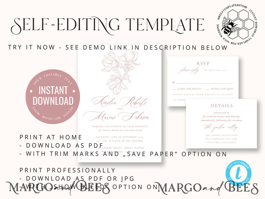 TEMPLETT wedding invitation download Elegant Spring Blush wedding Invitation Suite with Photo Template Instant Download Printable Invites Home Printing Pink Modern Wedding Cards Set