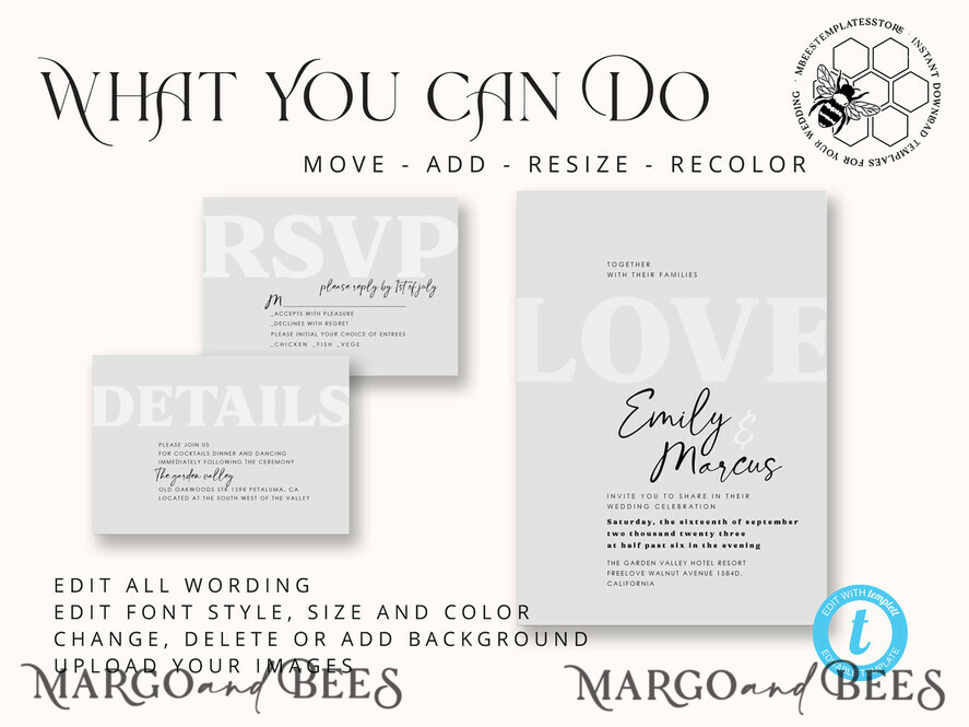 TEMPLETT wedding invitation download Simple wedding invitation template, Instant download Boho Wedding Invites, Elegant Wedding Invitation Printable Template, Modern Invites