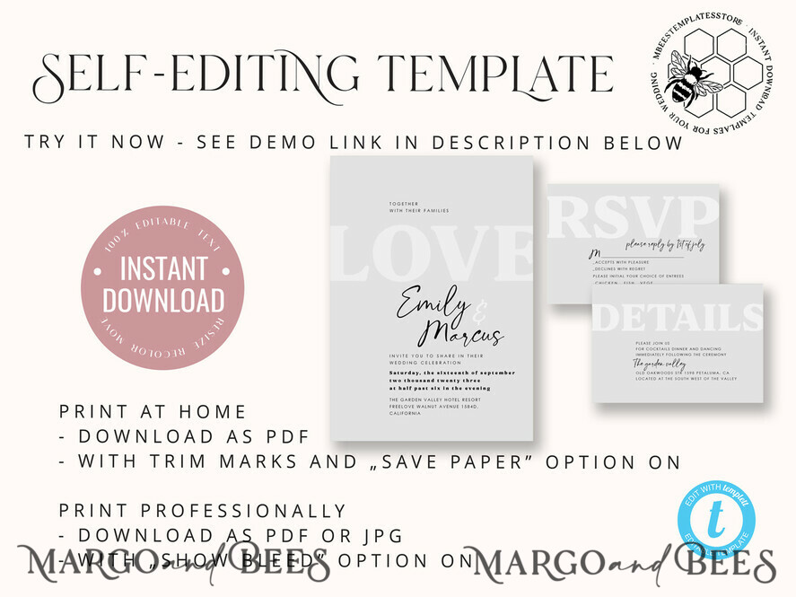 TEMPLETT wedding invitation download Simple wedding invitation template, Instant download Boho Wedding Invites, Elegant Wedding Invitation Printable Template, Modern Invites