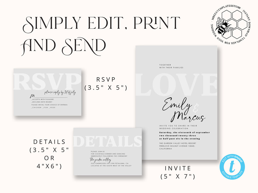 TEMPLETT wedding invitation download Simple wedding invitation template, Instant download Boho Wedding Invites, Elegant Wedding Invitation Printable Template, Modern Invites