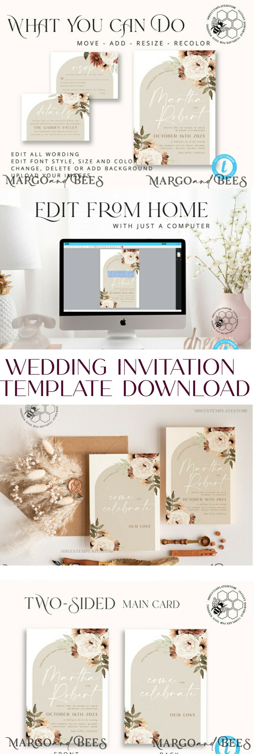 TEMPLETT wedding invitation download Boho Ivory wedding Invitations Set Template, Instant Download Printable Invites Home Printing, Simple Boho Wedding Invitation Card Set