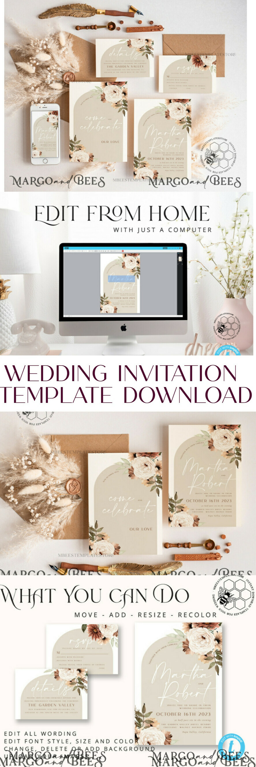 TEMPLETT wedding invitation download Boho Ivory wedding Invitations Set Template, Instant Download Printable Invites Home Printing, Simple Boho Wedding Invitation Card Set