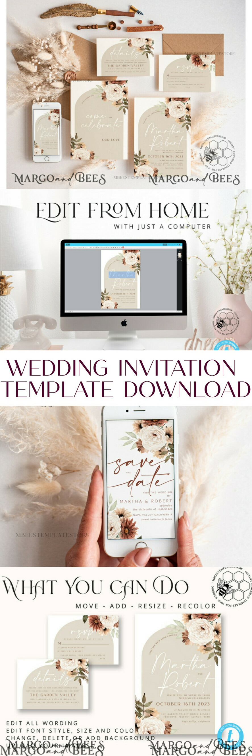 TEMPLETT wedding invitation download Boho Ivory wedding Invitations Set Template, Instant Download Printable Invites Home Printing, Simple Boho Wedding Invitation Card Set