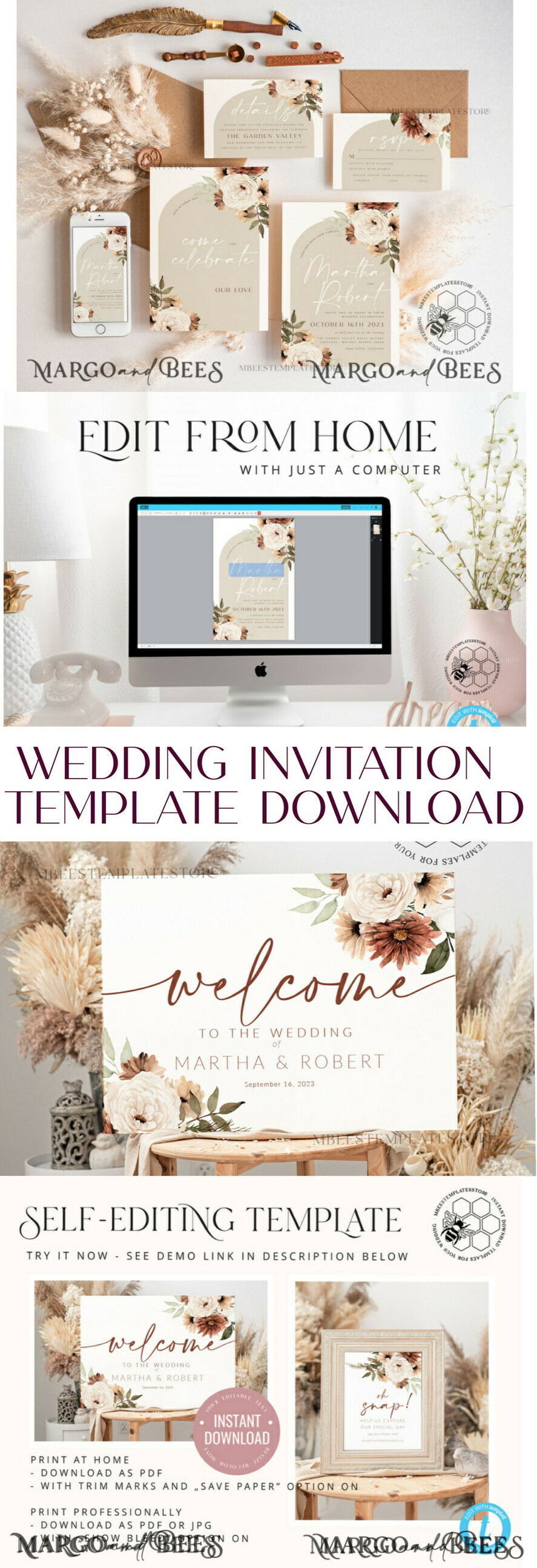 TEMPLETT wedding invitation download Boho Ivory wedding Invitations Set Template, Instant Download Printable Invites Home Printing, Simple Boho Wedding Invitation Card Set