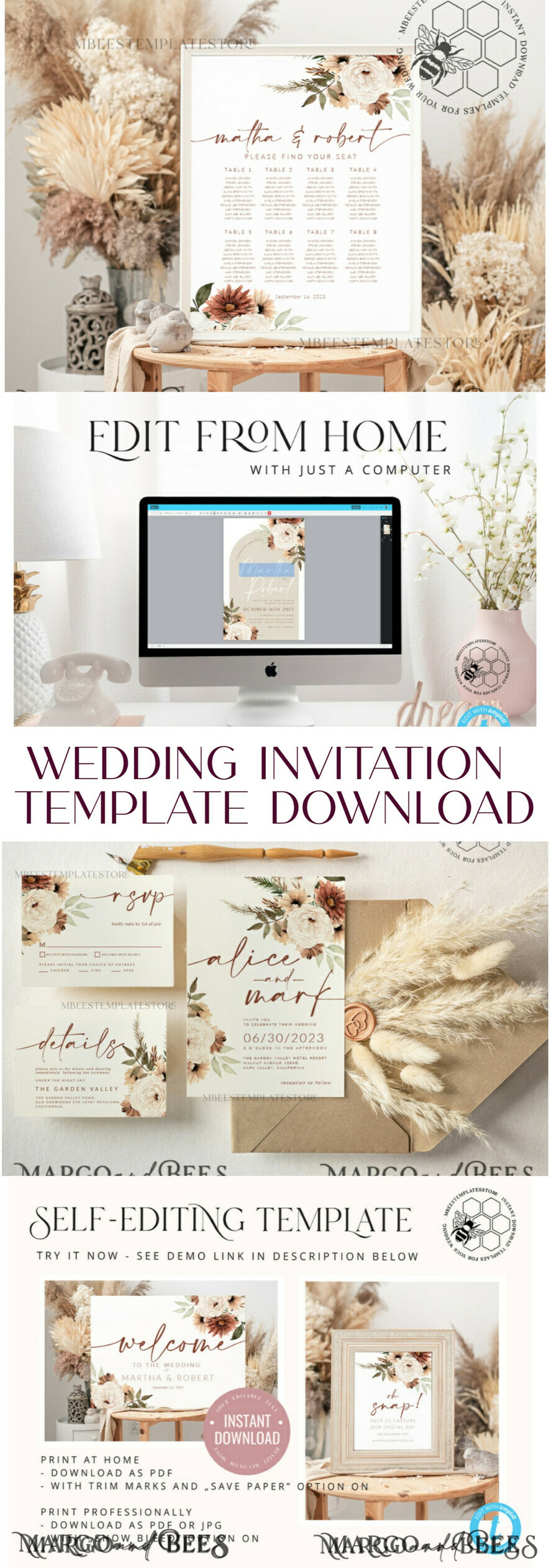 TEMPLETT wedding invitation download Boho Ivory wedding Invitations Set Template, Instant Download Printable Invites Home Printing, Simple Boho Wedding Invitation Card Set
