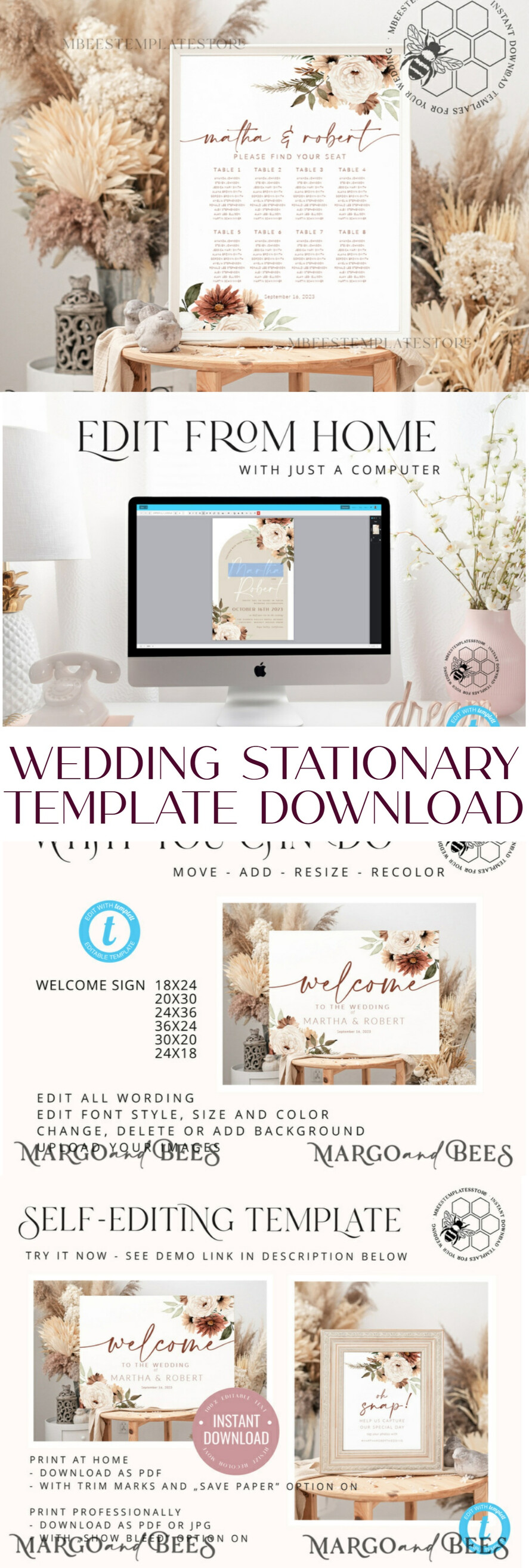 TEMPLETT wedding invitation download Boho Ivory wedding Invitations Set Template, Instant Download Printable Invites Home Printing, Simple Boho Wedding Invitation Card Set