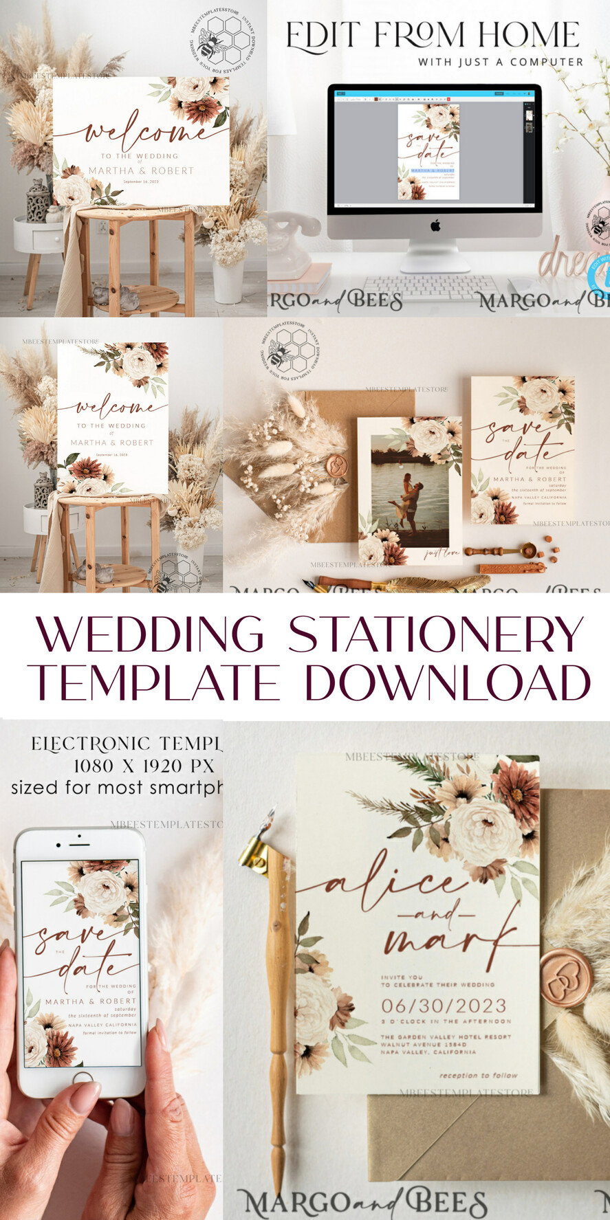 TEMPLETT wedding invitation download Boho Ivory wedding Invitations Set Template, Instant Download Printable Invites Home Printing, Simple Boho Wedding Invitation Card Set