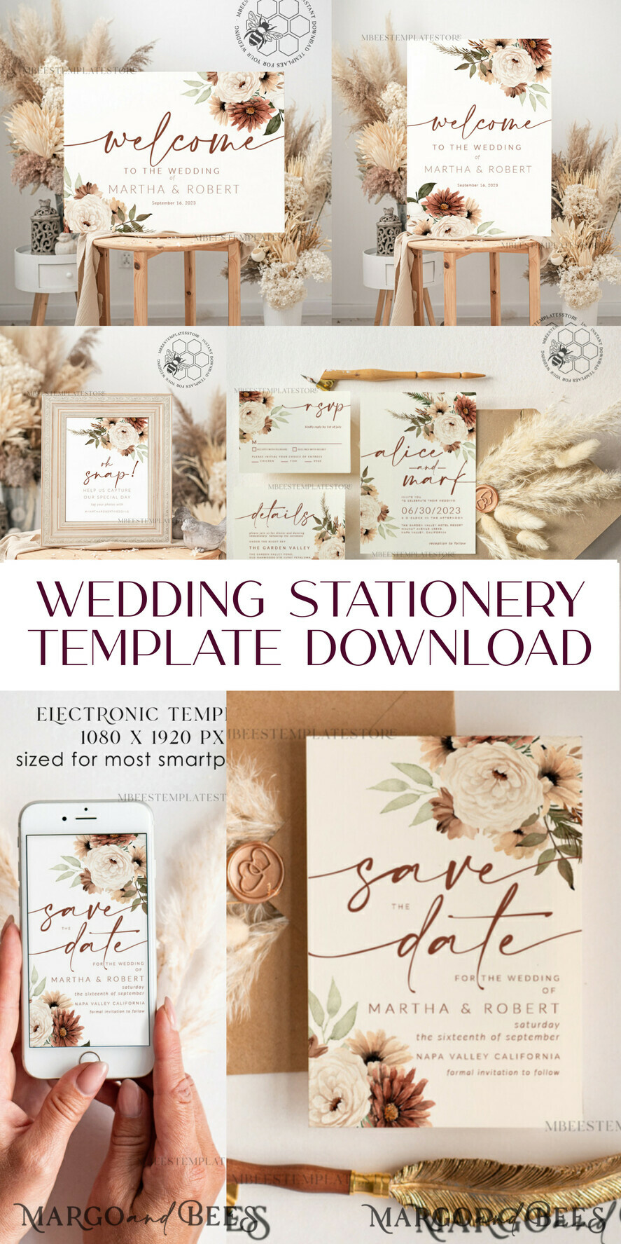 TEMPLETT wedding invitation download Boho Ivory wedding Invitations Set Template, Instant Download Printable Invites Home Printing, Simple Boho Wedding Invitation Card Set
