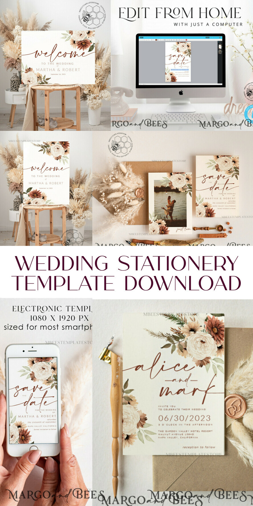 TEMPLETT wedding invitation download Boho Ivory wedding Invitations Set Template, Instant Download Printable Invites Home Printing, Simple Boho Wedding Invitation Card Set