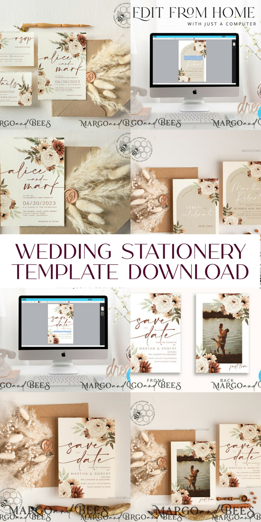 TEMPLETT wedding invitation download Boho Ivory wedding Invitations Set Template, Instant Download Printable Invites Home Printing, Simple Boho Wedding Invitation Card Set
